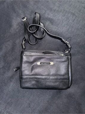 Rosetti Black Pebbled Leather Crossbody Bag with Gold Plaque